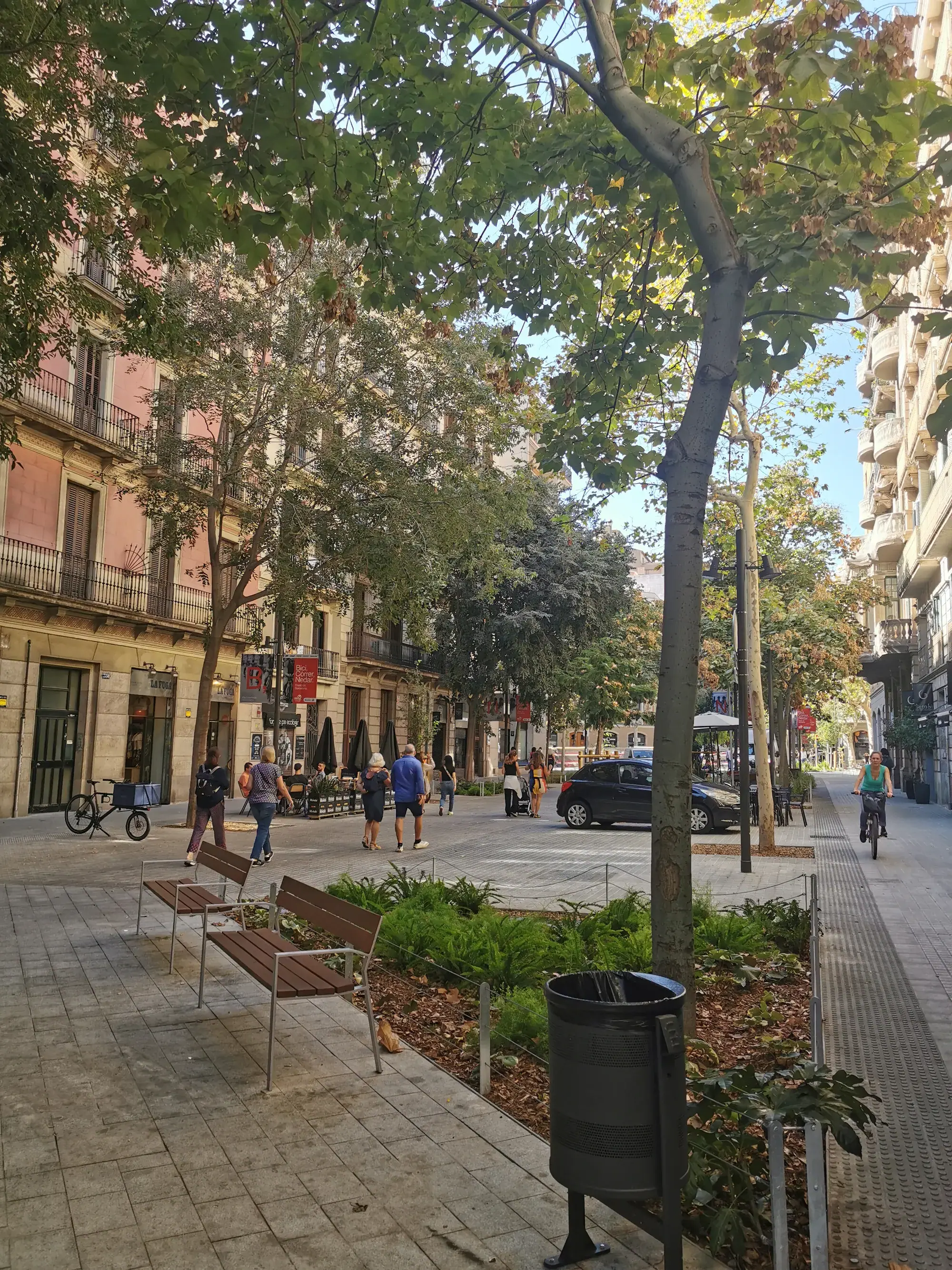 Consell de Cent : bancs et massifs plantés là où passaient les voitures.